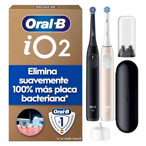 Oral-B iO 2 Cepillos de Dientes Eléctricos, Negro Y Rosa, Pack de 2, 2 Cabezales - 1 Estuche de Viaje, 1 Portarrecambios, 3 Modos de Cepillado, Sensor de Presión y Temporizador