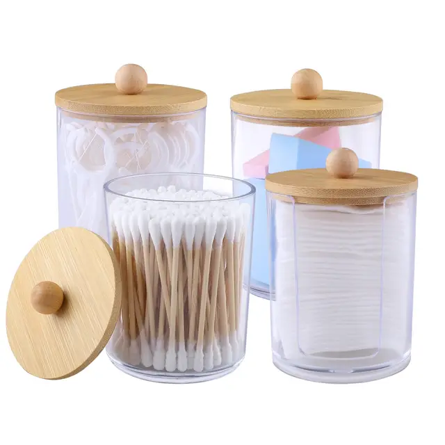 4 Pcs Caja Acrílica Almacenaje Algodón, Botes de Bastoncillos Algodonero Transparente con Tapa Organizador de Maquillaje Redondo Bolas de Algodón y Bastoncillos, 3+1MQH-YXZG