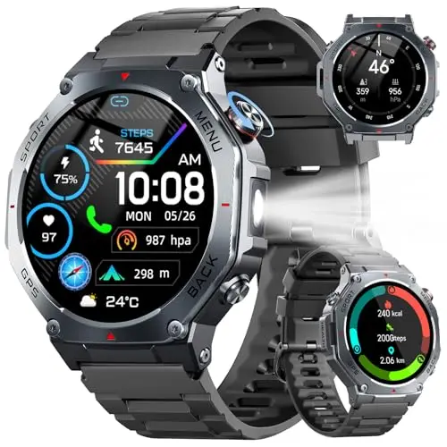Reloj Inteligente Hombre Militar con GPS y Linterna LED, 5ATM Smartwatch con Brújula llamadas Bluetooth Pulsómetro Oxímetro Sueño, 1.43"AMOLED Reloj Deportivo con 160+Modos Deportivos para IOS Android