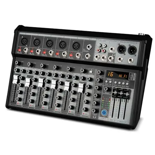 Mezclador de Audio Profesional, 7 Canales, Consola de Mezcla con Interfaz de Sonido, DSP 16-Bit, Bluetooth, Efecto Phantom +48V para Karaoke, Estudio y Grabación