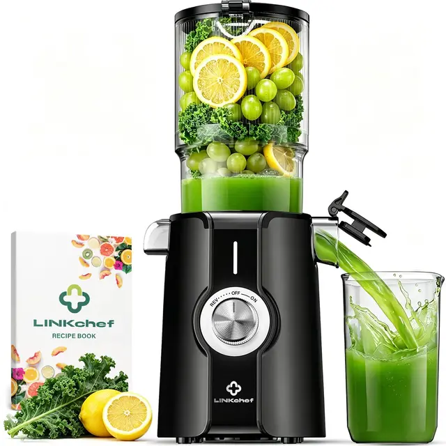LINKChef extractor de zumos y verduras, boca de 115 mm y 1,2L licuadora para verduras y frutas Entera, slow juicer machine extractor de jugo,Fácil de Limpiar, Sin BPA,200W, Negro