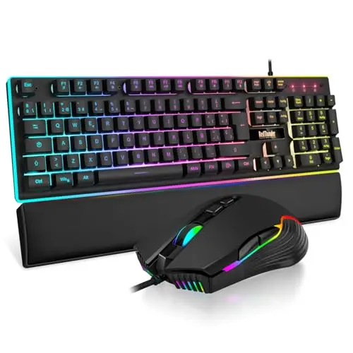 RedThunder K10 Juego 3 en 1 de Teclado, Ratón y Reposamuñecas de Cuero, Retroiluminación RGB + Tacto Mecánico, Teclas Anti-Ghosting + Ratón 7D 7200DPI, Layout Español, Compatible con PC/PS5/Xbox Negro