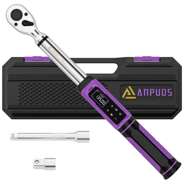 ANPUDS Llave Dinamométrica Digital 3/8" (2-135 Nm) Bidireccional - Precisión ±1% ISO 6789-2, Pantalla LCD, Alerta LED/Vibración/Sonido, 5 Unidades - Para Neumáticos, Frenos, Moto, Bici con Estuche