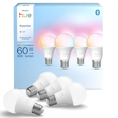 Philips Hue Essential - Bombilla Led Inteligente A60 Smart (4), luz blanca y colores, luminaria led E27 Base, 8 W, 2200 K-6500 K, 806 lm, regulable, compatible con Alexa, Google Assistant y Apple Home
