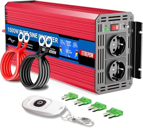 Inversor 12v 220v Onda Pura 1500w Convertidor de Voltaje con 2 Tomas de la UE y USB, Mando a Distancia inalámbrico, Pantalla LCD Adecuado para Sistemas solares, Coches, Camping，Caravanas