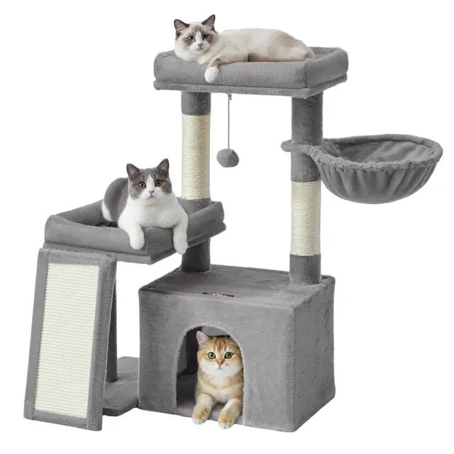 Feandrea Árbol para Gatos, Torre de Juegos con 2 Camas Grandes, Postes Rascadores y Rampa, 85,8 cm de Altura, Gris Paloma PCT013GD01