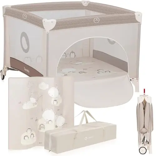 LIONELO BONNIE Parque Infantil Bebe hasta 15 kg, desde el Nacimiento hasta los 36 meses Acceso Lateral con Cremallera, Laterales de Malla Aireada, Plegado Rápido, Ruedas con Freno, Bolsa de Transporte