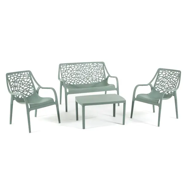 Conjunto de muebles de jardín y exterior de polipropileno con fibra de vidrio de 4 plazas, sofá de dos plazas, 2 sillones y mesa de centro, apilable, impermeable, diseño moderno – Set Maratea (verde