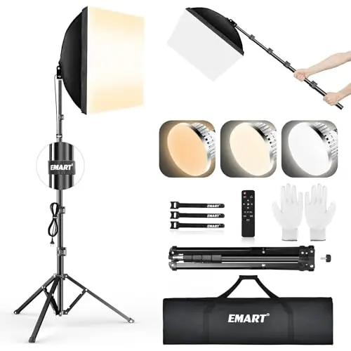 EMART Softbox Set, Kit Softbox per Studio Fotografico de 40x40 cm con y Bombilla Led de 85 w (3000K-6000K) con Mando a Distancia para Estudio Fotográfico, Retratos y Grabación de Vídeo (1 Pack)