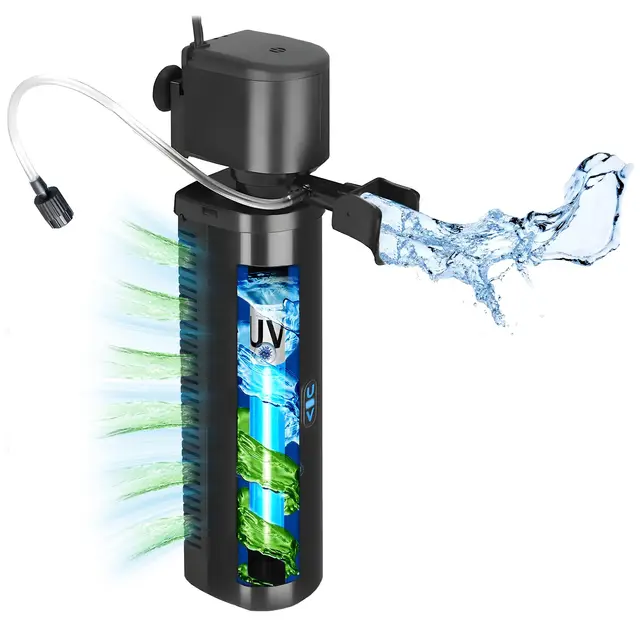 Tararium Filtro de inmersión con luz UV 1500L/h para acuarios de 150 – 600 litros – Filtro interior 4 en 1 para agua dulce/salada y tanques de tortugas con filtración multietapa
