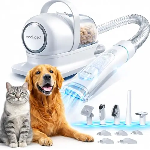 Neakasa Cortapelos Perros y Gatos con aspirador pelos mascotas, 99% Succión de Pelo, Maquina cortar pelo Silenciosa, 5 herramientas de belleza - cepillos para gatos y perros
