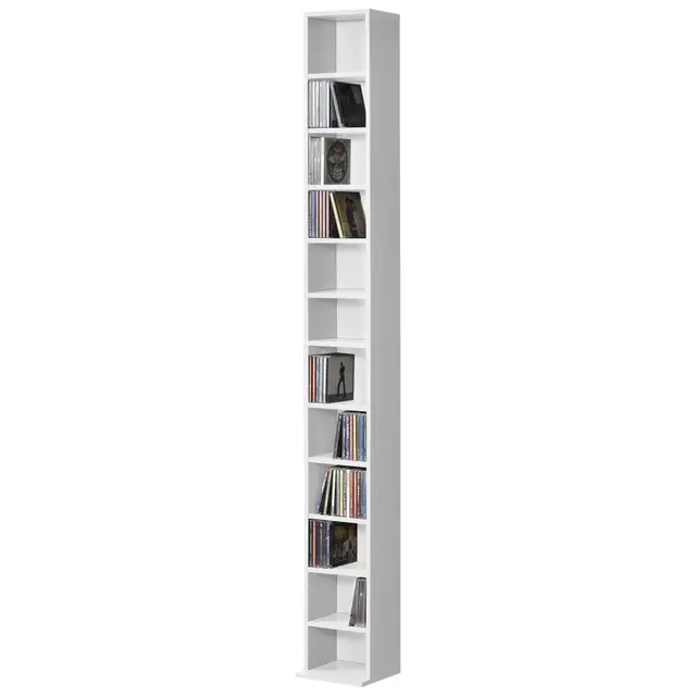 [en.casa] Estantería para CDs Tynset Soporte para DVDs Recuerdos Librería con 12 Compartimientos Estantes Ajustables en Altura Aglomerado 175 x 20 x 20 cm - Blanco