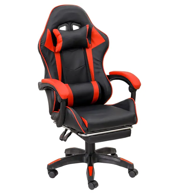 Baroni Home Silla Gaming con Respaldo Ergonómico, Inclinable y Altura Ajustable, Silla de Oficina con Soporte Lumbar, Reposacabezas Acolchado y Reposapiés Extraíble, Rojo, 58x66x114-124 cm
