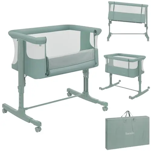 lionelo Aurora Cuna 3 en 1 hasta 9 kg, Cuna de colecho, Cama Mecedora, Ajuste de Altura e inclinación del colchón, 4 Ruedas con Freno, Colchón Ergonómico, Bolsa