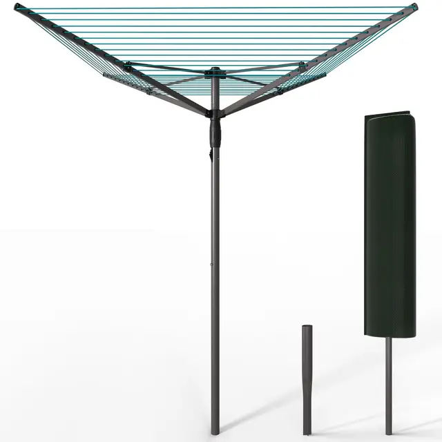 VOUNOT® Tendedero Giratorio 50M de Cuerda Secadora de Ropa Rotativa para Exteriores 4 Brazos Sistema Tipo Paraguas Línea de Lavado Plegable con Funda y Estaca para Jardín Al Aire Libre Gris/Azul