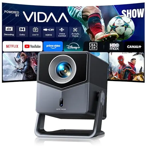 Proyector 4K【Netflix Integrado/TV en Directo/Dolby Audio】 VIDAA, el SO más rápido, 1400 ANSI, FHD 1080P, Auto Focus y Keystone, Control por Voz, BT 5.4, Rotación 200°, Proyector para Exteriores