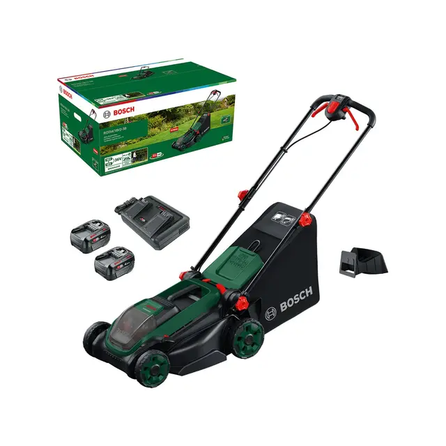 Bosch cortacésped a batería ROTAK18V2-38 (anchura de corte: 38 cm, altura de corte: 30-75 mm, cesto de tela de 40 l, tapón para triturado, incluye 2 baterías de 18V y cargador)