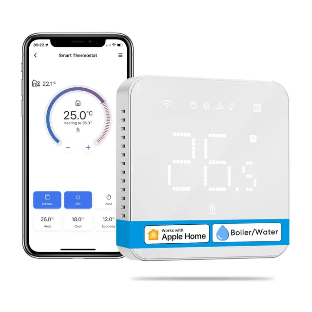 Meross Termostato Calefaccion WiFi para Calderas, Termostato WiFi de Pared para Calderas de Gas/Agua, Compatible con Apple HomeKit, Alexa, Google Assistant, Pantalla Digital Táctil, para 3/4 Hilos