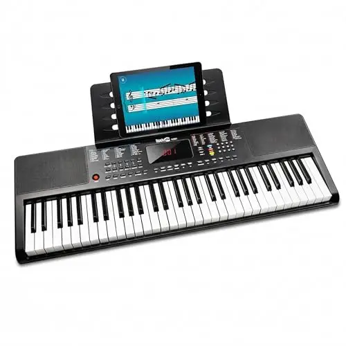 Teclado RockJam compacto de 61 teclas con soporte para partituras, fuente de alimentación, pegatinas para notas de piano y lecciones de piano simples