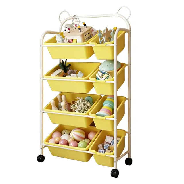 Organizador Infantil con 8 Cajas Extraíbles y Ruedas | 4 Niveles, Diseño de Orejas de Oso, Amarillo, 63 × 28,5 × 122,5 cm, para Habitación Infantil