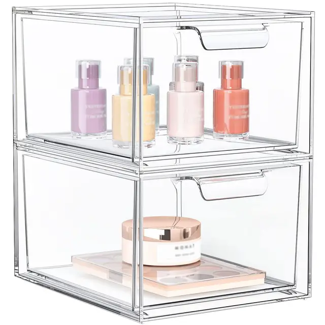 2 cajones organizadores apilables – organizador de maquillaje – caja transparente de acrílico con 16 alfombrillas antideslizantes – gavetas organizadoras para baño, tocador, cómoda y escritorio