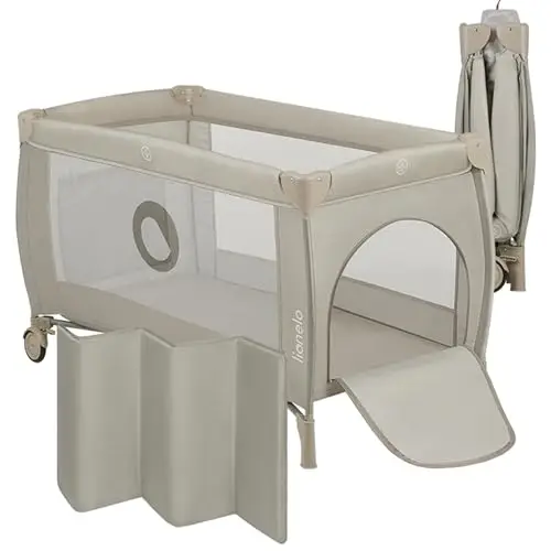 LIONELO Stefi Plus Cuna de Viaje para Bebé con Puerta Lateral, Colchón de Espuma T25 Premium, Plegado Rápido, Bolsa de Transporte y Ruedas (Beige)