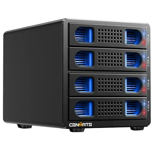 CENMATE Caja de Disco Duro 4 Bahías con Ventilador, Refrigeración para 2.5/3.5 SATA HDD/SSD con USB A/C 3.0＋eSATA Cable, 3.5 Carcasa Disco Duro Soporta 80TB de Capacidad(NO Raid/NAS)