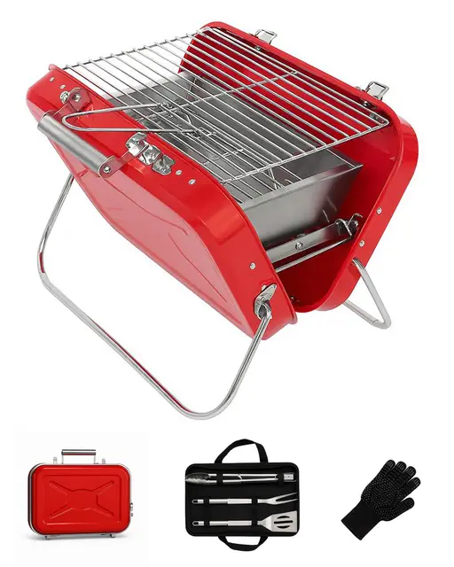 barbacoa carbón, barbacoa portátil de acero inoxidable 410 tipo maleta, ligera y compacta para camping, jardín, terraza y picnic, incluye guante térmico y utensilios BBQ