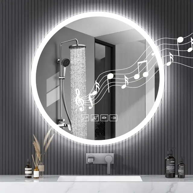 Viugreum Espejo Baño con Luz LED Regulable en 3 Colores Bluetooth, Ronda 60 * 60cm Luz de Baño Espejo de Pared con Interruptor Táctil, Anti-vaho, Función de Memoria Espejos Inteligente Retroiluminado