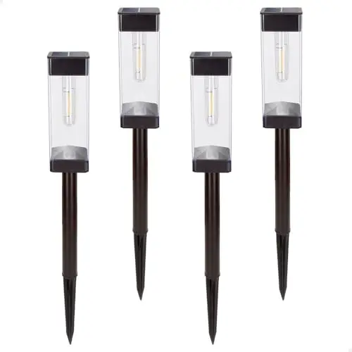 AKTIVE Set 4 balizas solares LED 6 lúmenes, Iluminación exterior para jardín y caminos, Luz cálida, Con estaca, Carga solar, Botón ON/OFF, IP44, Autonomía 8h, Instalación sin cables (61575)