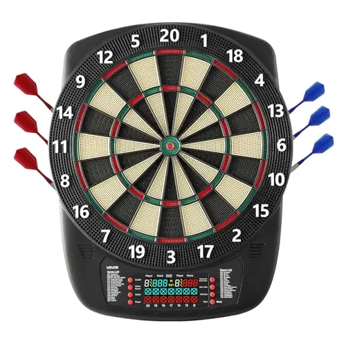 VEVOR Diana Electrónica, con 43 Juegos y más de 200 Variantes para 8 Jugadores, 6 Ejes de Dardos con Plumas y 50 Puntas de Dardos de Repuesto, Marcador LCD a Volor, PP y ABS, 517 x 424 x 30 mm
