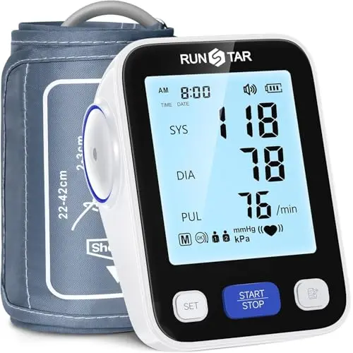 Runstar Tensiometro de brazo con brazalete de amplio rango (22cm-42cm) para uso doméstico, tensiómetro digital automático con bolsa de almacenamiento y memoria de 2x99 lecturas,negro