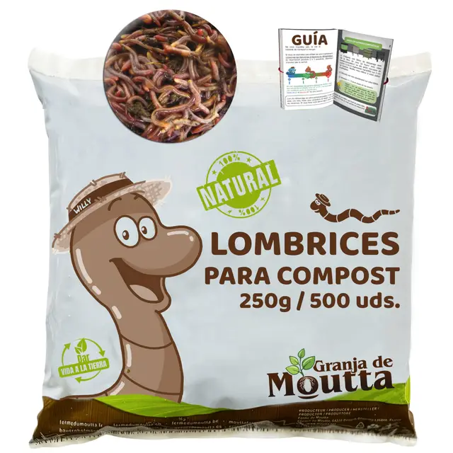 Lombrices 250g (500 uds. aprox.) | Lombriz de tierra vivas Eisenia, elabora compost con tus residuos orgánicos - Para vermicompostador/compostador/jardín