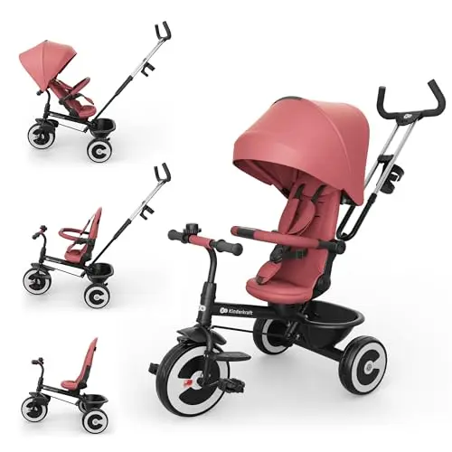 Kinderkraft Aston 2 Pro Triciclo Evolutivo, Bicicleta Sin Pedales, Bicicleta Bebe, para Niños, Cinturón, con Accesorios, Portavasos, Cesta, 9 Meses a 25 kg, Rosa