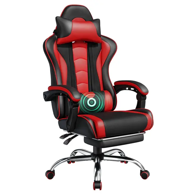 Yaheetech Silla Gaming Ergonómica, Silla de Escritorio de Polipiel con Ruedas, Altura Ajustable, Reposapiés, Soporte Lumbar y Función de Inclinación, para Oficina y Estudio, Negro/Rojo