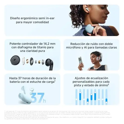XIAOMI REDMI Buds 8 Active - TWS Bluetooth Semi-intraauriculares, Driver de Titanio de 14,2 mm, bajo Potente, 37h de autonomía, conexión Dual a 2 Dispositivos, 5 EQ, Bluetooth 5.4, IP54, Blanco