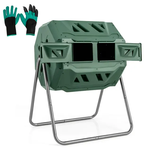 COSTWAY Compostador Jardin Giratorio 360° 160L, Contenedor de Compost, Tambor de Compostaje de Doble Cámara con 2 Puertas Correderas, Marco de Metal Resistente, sin BPA para Desechos de Jardín (Verde)