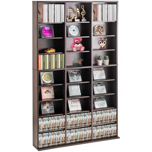 VEVOR Gabinete de Almacenamiento Multimedia Estante Ajustable para DVD de 9 Capas con Capacidad para 756 CD, 27 Compartimentos para Colecciones de Música, Película, Videojuego, Color de Café Expreso