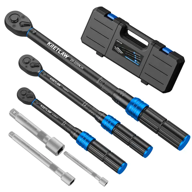 KRETLAW Juego de llaves dinamométricas de 1/2", 3/8" y 1/4", 6 piezas, 20-220 Nm, 5-60 Nm, llave dinamométrica de 5-25 Nm, con ±3% de cabeza de carraca de 72 dientes, 3 extensiones para bicicleta
