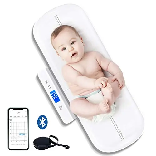 Bluetooth Bascula Bebe, Bascula para bebes multifuncional con bandeja extraíble, Báscula bebes digital con funciones de tara y retención, Aplicación gratuita y baterías(Máx: 100 kg)