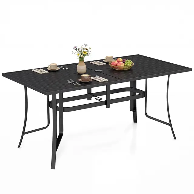 COSTWAY Mesa Jardín Exterior, 160 x 84cm, Mesa de Comedor Rectagular para 6 Personas, Marco de Metal, Orificio para Sombrillas, Patio Terraza Jardín Piscina, Carga 150 kg