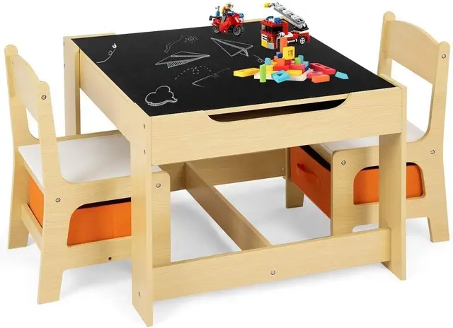 GOPLUS Juego de Mesa y 2 Sillas Infantil 3 en 1, Grupo de Asientos y Escritorio con Pizarra para Niños, Mueble Infantil con Cajon de Almacenamiento Que Ahorra Espacio, Madera, Naranja (Naranja)