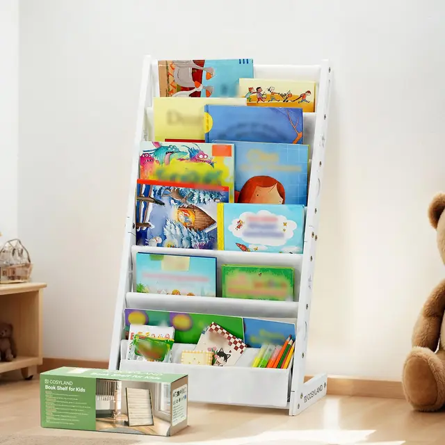 COSYLAND Librería Infantil de 7 Niveles, Estantería para Niños, Organizador de Libros para Dormitorio Infantil, Guardería o Sala de Juegos, Ahorro de Espacio, Blanco/Mediano