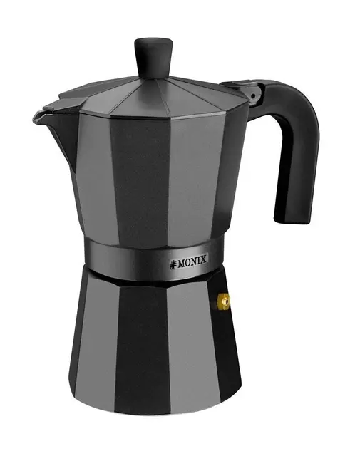 Monix Vitro Noir | Cafetera Italiana de Aluminio 12 Tazas, Apta para Vitrocerámica, Gas y Eléctrica, NO Apta para Inducción, Mango Termoresistente