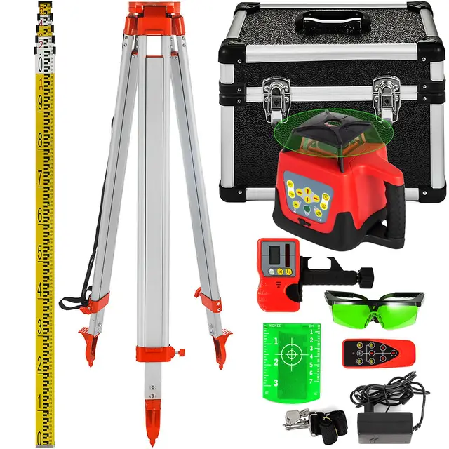 VEVOR Nivel de Láser Verde Rotatorio Auto-Nivelante 500m, Kit de Trípode y Bastón para Niveles Automáticos 5 m, Trípode de Nivel Plegable para Herramientas Automáticas de Medida y Láseres, IP54