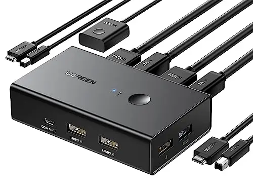 UGREEN KVM HDMI Switch 4K 60Hz 2 Entradas a 1 Salida 2 PC Comparten 1 Pantalla y 4 Puertos USB 2.0 Comutador con Control de Escritorio y Cable para Teclado Mouse Impresora USB Stick