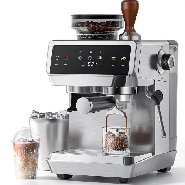 AMZCHEF Cafetera Espresso con Molinillo Integrado 20 Bares – Máquina de Café con 44 Ajustes de Molienda,Vaporizador de Leche, 4 Temperaturas, Función Café Frío, Acero Inoxidable, Depósito 1.8L