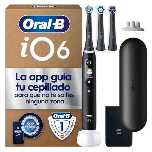 Oral-B iO 6 Cepillo de Dientes Eléctrico, con 3 Cabezales, Negro - Cepillo Dental con Sensor de Presión, 5 Modos de Cepillado con Blanqueamiento Dental, 1 Estuche de Viaje, Batería de Larga Duración