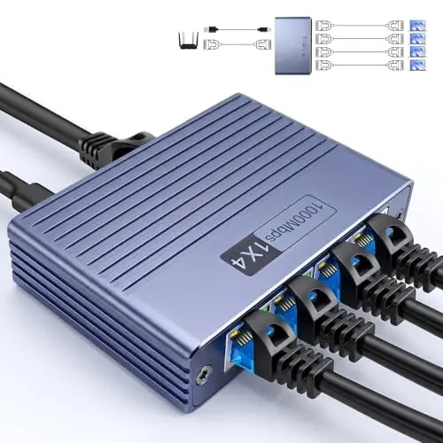 Switch Ethernet 1 a 4 1000Mbps Aluminio Gigabit RJ45 Splitter Duplicado con Cable de Alimentación USB-C, Switch RJ45 para Computadora, Enrutador, Decodificador, TV – Morado