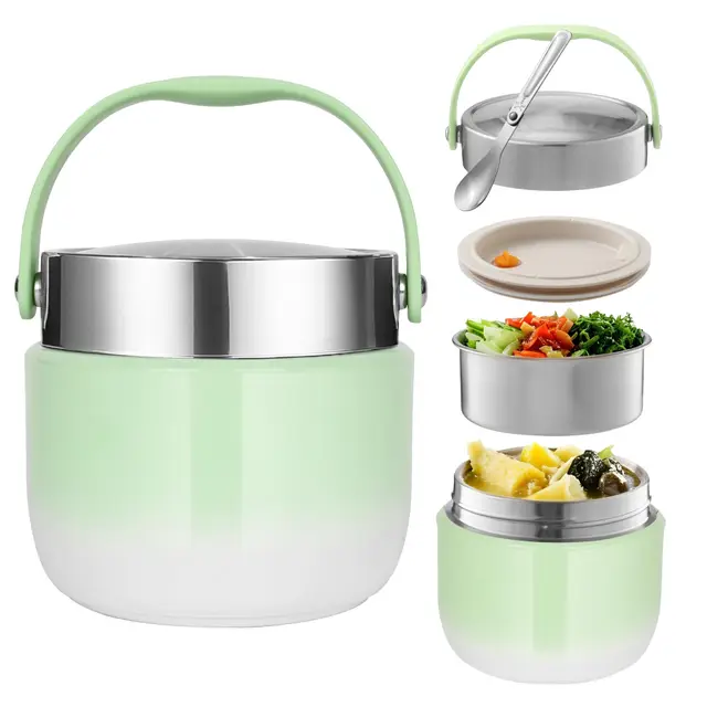 Recipiente Térmico para Alimentos 1200 ml Termo Comida Caliente Adulto con Cuchara Plegable Fiambrera Termica Para Guardar Comidas,Almuerzos,Gachas,Sopas (Verde)